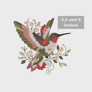 May include: Embroidered hummingbird design with outstretched wings, featuring red, pink, green, and white floral accents. The text in the image reads "4.5 and 6 inches".