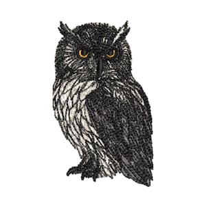 Könnte beinhalten: Gesticktes Bild einer Eule mit schwarzen und weißen Federn, gelben Augen und einem schwarzen Schnabel. Die Eule ist in einem detaillierten, realistischen Stil dargestellt, mit Fokus auf Textur und Schattierung. Das Bild ist vor einem weißen Hintergrund.