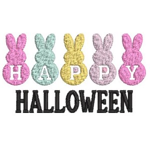 May include: An embroidery design featuring five pastel-colored bunny shapes in pink, light blue, yellow, lavender, and pink. Each bunny contains a white letter spelling H-A-P-P-Y. Below the bunnies, the text HALLOWEEN is stitched in bold black letters.