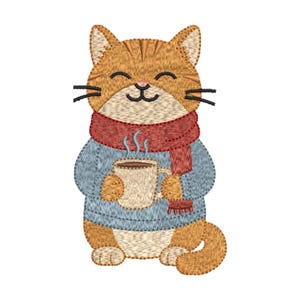 May include: An embroidered design of a smiling orange tabby cat wearing a blue sweater and a red scarf. The cat is holding a beige mug with steam rising from it, suggesting a warm beverage. The design is on a white background.