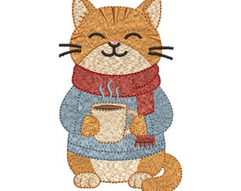Gezellige kat borduurontwerp, wintertrui, sjaal, digitale download, meerdere formaten beschikbaar,