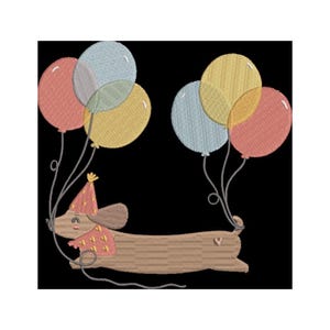 May include: An embroidered design of a dachshund dog wearing a party hat and scarf, holding a string of colorful balloons. The balloons are in shades of pink, yellow, and blue. The dog is brown with a smiling face, set against a black background.