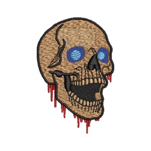 May include: Embroidered skull design with tan, black, blue, and red colors. The skull has blue eyes and red dripping accents. The mouth is open, revealing black shading. This design is suitable for patches, apparel, or accessories.