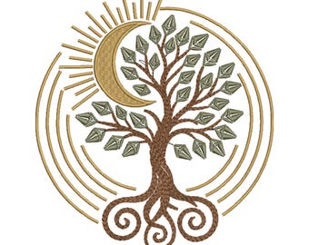 Sun Tree of Life machineborduurpatroon, Boho Cellestial-stijl. 3 maten. Digitale download