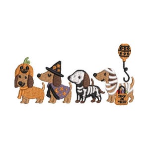 May include: Embroidered Halloween dachshunds in costumes: a pumpkin, witch, skeleton, mummy, and one with a trick-or-treat bag. The dogs are brown, black, and white, with orange, purple, and gold accents. The design is on a white background.