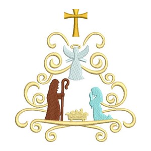 May include: Embroidered Christmas scene featuring a gold cross, angel, and figures of Joseph, Mary, and baby Jesus in a manger. The design includes gold scrollwork and is set against a white background. The figures are in brown, blue, and gold.