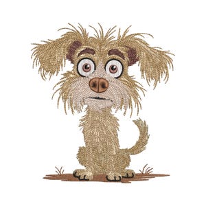 May include: Embroidered design of a cartoon dog with a surprised expression. The dog has light brown fur, large brown eyes, and a small, upturned tail. It is sitting on a patch of brown grass against a white background.