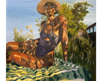 Druk giclée: Kobieta w kapeluszu przeciwsłonecznym, papier akwarelowy archiwalny
