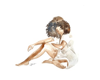Spokój, wydruk giclée, relaksująca kobieta, ilustracja akwarelowa