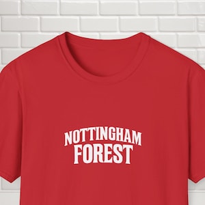Nottingham Forest T-Shirt - Bold Red Tee with White Arch Text - Football Gift for Loyal Forest Fans and Supporters of Nottingham FC