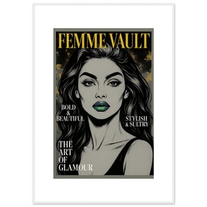 Póster de papel pop art de FemmeVault · Arte mural de moda para mujeres · Retrato editorial glamuroso · Impresión inspirada en revistas ostentosas · Decoración con detalles dorados