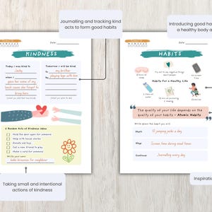 May include: A two-page journal spread with prompts for kindness and habit tracking. The left page focuses on acts of kindness, with fill-in-the-blank sections and a list of ideas. The right page outlines healthy habits, including sleep, water, and exercise.