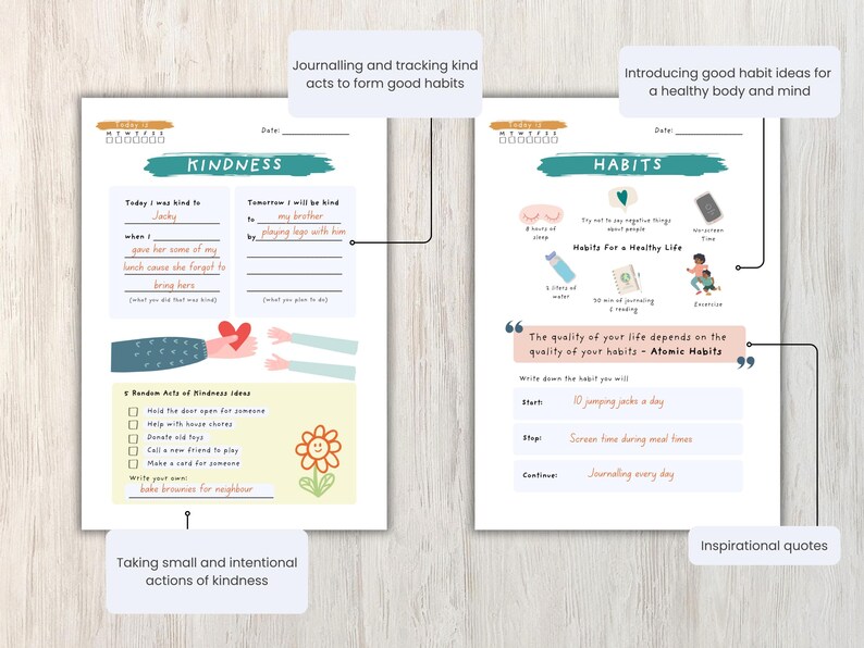 May include: A two-page journal spread with prompts for kindness and habit tracking. The left page focuses on acts of kindness, with fill-in-the-blank sections and a list of ideas. The right page outlines healthy habits, including sleep, water, and exercise.