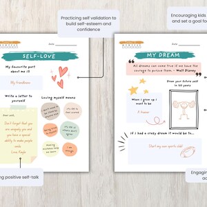 May include: Two-page journal spread with prompts for self-reflection and goal setting. The left page focuses on self-love, with prompts like "My favorite part about me is" and "Write a letter to yourself." The right page encourages dreaming big.