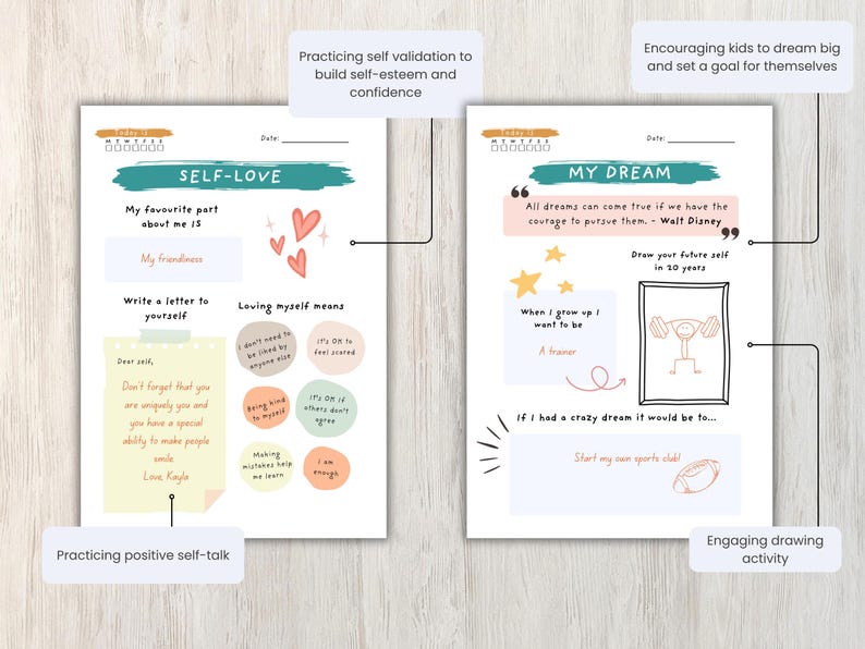 May include: Two-page journal spread with prompts for self-reflection and goal setting. The left page focuses on self-love, with prompts like "My favorite part about me is" and "Write a letter to yourself." The right page encourages dreaming big.