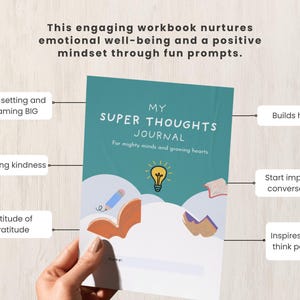 May include: A teal journal titled "My Super Thoughts Journal" with the tagline "For mighty minds and growing hearts." The cover features a lightbulb, pencil, and open book illustrations. The journal promotes emotional well-being and a positive mindset.