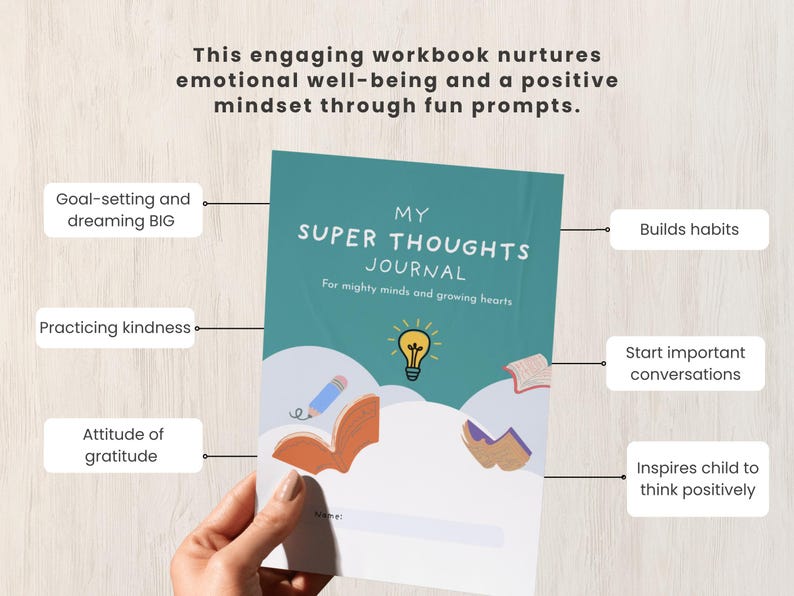 May include: A teal journal titled "My Super Thoughts Journal" with the tagline "For mighty minds and growing hearts." The cover features a lightbulb, pencil, and open book illustrations. The journal promotes emotional well-being and a positive mindset.