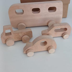 Set of 4 Wooden Toy Cars – Montessori Push Vehicles for Toddlers – Handmade Natural Plywood Toy Set – Eco-Friendly Gift