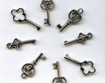 Variety Skeleton Keys Silvertone Charm Quantity of Eight