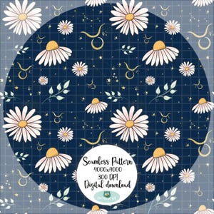 Taurus Zodiac Seamless Pattern | Constellation Stars & Daisy Flowers | Astrological Digital Paper