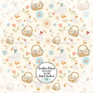 Op de afbeelding: Een naadloos patroon met witte ganzen met kleurrijke strikken, bloemenmanden en diverse bloemen op een crèmekleurige achtergrond. Het patroon bevat de tekst "Seamless Pattern 3600x3600 300 DPI Digital download".