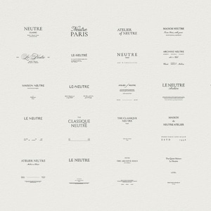 May include: A collection of various logos and text designs in a minimalist style. The text is primarily in black, with a variety of fonts and layouts. The words "NEUTRE", "MAISON", and "ATELIER" are visible. The background is a light beige color.