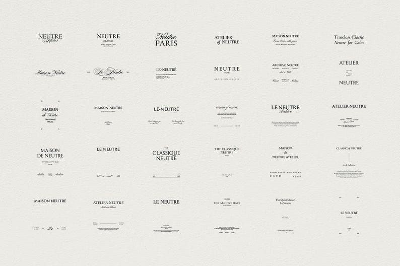 May include: A collection of various logos and text designs in a minimalist style. The text is primarily in black, with a variety of fonts and layouts. The words "NEUTRE", "MAISON", and "ATELIER" are visible. The background is a light beige color.