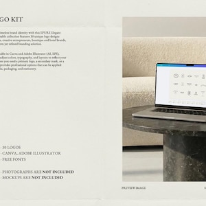 May include: A laptop displaying logo designs sits on a dark, round table. The text "EPURE LOGO KIT" is at the top, with details about the logo kit, including 30 logos, Canva, and Adobe Illustrator compatibility.