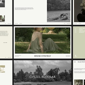 Peut inclure: Un modèle de présentation de stratégie de marque présentant une mise en page en grille de plusieurs diapositives. Le design inclut une palette de couleurs vert sauge, une typographie serif et des images de robe, paysages et fleurs avec le texte Brand Strategy.