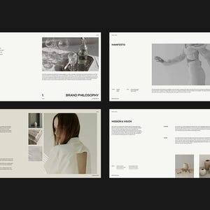 K&ouml;nnte beinhalten: Minimalistisches Design-Layout mit vier Panels. Die Panels zeigen Bilder, Text und eine neutrale Farbpalette. Das obere linke Panel zeigt "Brand Philosophy" und enth&auml;lt ein Foto von Glaswaren. Das obere rechte Panel zeigt "Manifesto" und zeigt eine Person in wei&szlig;er Kleidung.