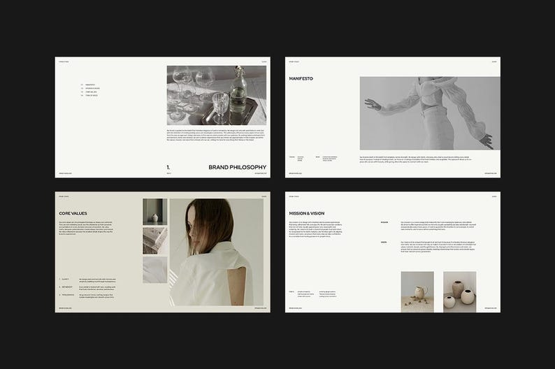 K&ouml;nnte beinhalten: Minimalistisches Design-Layout mit vier Panels. Die Panels zeigen Bilder, Text und eine neutrale Farbpalette. Das obere linke Panel zeigt "Brand Philosophy" und enth&auml;lt ein Foto von Glaswaren. Das obere rechte Panel zeigt "Manifesto" und zeigt eine Person in wei&szlig;er Kleidung.