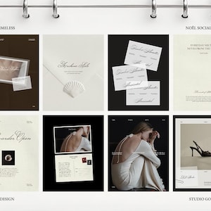 May include: A collection of marketing materials with a minimalist aesthetic. The designs feature neutral tones, elegant typography, and images of a seashell, a woman, and a high-heeled shoe. Text includes "Modern Timeless", "Pre-order Open", and "Noël Social Media Kit".