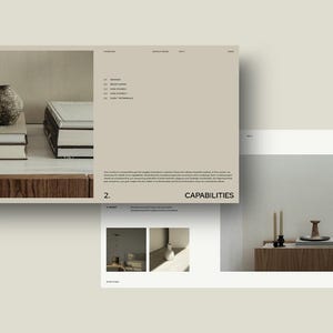 May include: A minimalist interior design concept featuring a stack of books, a decorative vase, and a wooden cabinet. The image also includes a page with the word "CAPABILITIES" and a list of items.