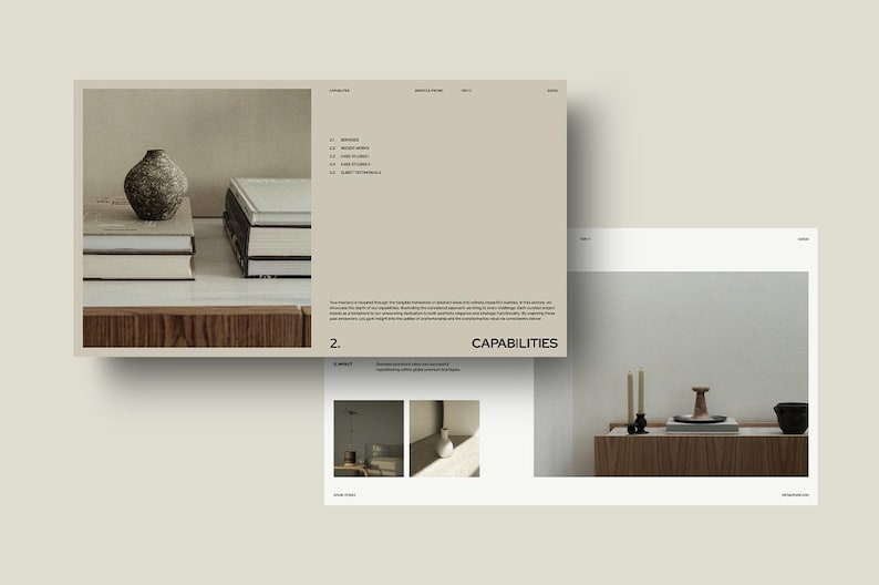 May include: A minimalist interior design concept featuring a stack of books, a decorative vase, and a wooden cabinet. The image also includes a page with the word "CAPABILITIES" and a list of items.