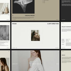 May include: A series of design presentation slides with a minimalist aesthetic. The slides feature images of vases, abstract shapes, and a woman. Text includes "Vision & Mood", "Mood", and "Project Overview". The colour palette is neutral with beige, white, and black.