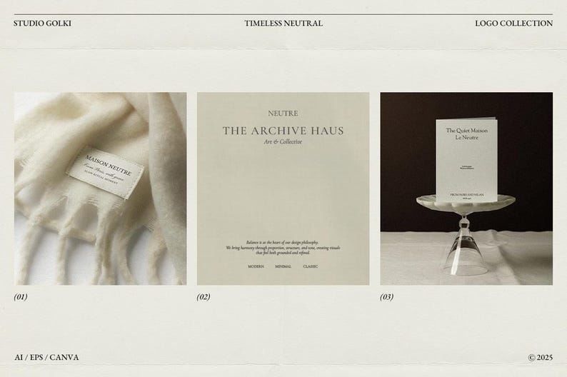 May include: A neutral-toned image showcasing a logo collection. The first image features a cream-colored scarf with a label that reads "MAISON NEUTRE." The second image displays a beige card with the text "NEUTRE THE ARCHIVE HAUS." The third image shows a book on a glass stand.
