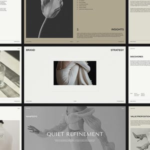 Puede incluir: Presentaciones de diseño minimalistas con una paleta de colores neutros. Los diseños presentan imágenes de un tulipán, cristalería y artículos de moda. El texto incluye "Insights", "Brand", "Strategy" y "Quiet Refinement".