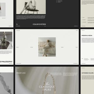 K&ouml;nnte beinhalten: Eine Sammlung minimalistischer Design-Pr&auml;sentationsfolien. Die Folien zeigen Bilder von Personen, Glaswaren und Text. Das Farbschema ist haupts&auml;chlich Schwarz, Wei&szlig; und Beige und schafft eine klare und moderne &Auml;sthetik. Der Text enth&auml;lt S&auml;tze wie "Brand Philosophy" und "Color System".