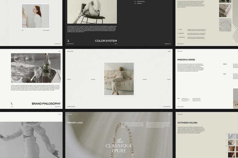 K&ouml;nnte beinhalten: Eine Sammlung minimalistischer Design-Pr&auml;sentationsfolien. Die Folien zeigen Bilder von Personen, Glaswaren und Text. Das Farbschema ist haupts&auml;chlich Schwarz, Wei&szlig; und Beige und schafft eine klare und moderne &Auml;sthetik. Der Text enth&auml;lt S&auml;tze wie "Brand Philosophy" und "Color System".