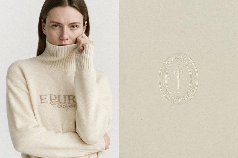 May include: A woman wearing a cream-colored turtleneck sweater with the word "EPUR" embroidered on the front. The sweater has ribbed cuffs and a high neckline. The right side of the image shows a cream-colored oval logo with the text "THE CLASSIC STORE MODERN TIMELESS".