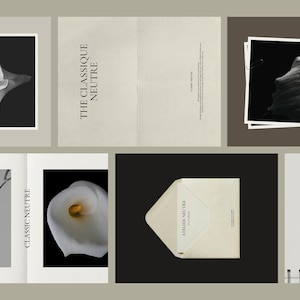 Puede incluir: Una colecci&oacute;n de papeler&iacute;a y grabados art&iacute;sticos con fotograf&iacute;a floral. Las im&aacute;genes incluyen un lirio de agua blanco, una ramita delicada y una pila de fotos. El texto en la papeler&iacute;a dice "THE CLASSIQUE NEUTRE" y "ATELIER NEUTRE".