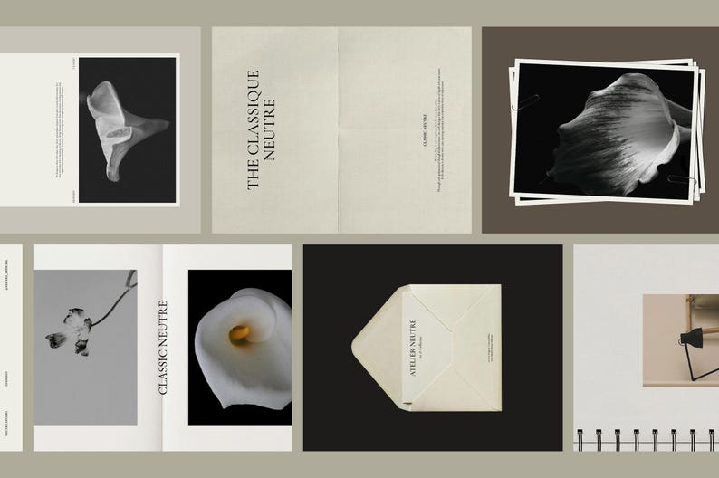 Puede incluir: Una colecci&oacute;n de papeler&iacute;a y grabados art&iacute;sticos con fotograf&iacute;a floral. Las im&aacute;genes incluyen un lirio de agua blanco, una ramita delicada y una pila de fotos. El texto en la papeler&iacute;a dice "THE CLASSIQUE NEUTRE" y "ATELIER NEUTRE".