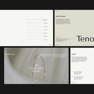 K&ouml;nnte beinhalten: Ein Design-Layout mit schwarzem Hintergrund. Das Design umfasst Seiten mit Text und Grafiken. Der Text enth&auml;lt die W&ouml;rter "CONTENTS", "MAIN TYPEFACE", "Tenor Sans", "PRIMARY LOGO" und "USAGE". Das prim&auml;re Logo lautet "The Classique Epure".