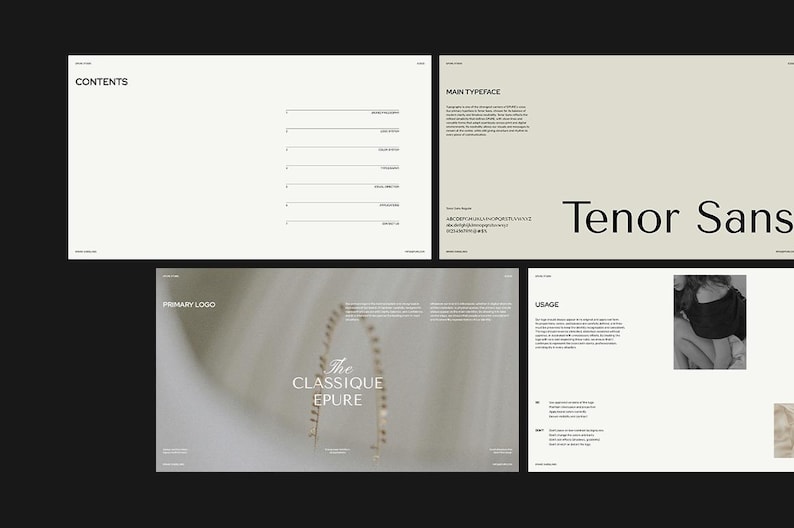 K&ouml;nnte beinhalten: Ein Design-Layout mit schwarzem Hintergrund. Das Design umfasst Seiten mit Text und Grafiken. Der Text enth&auml;lt die W&ouml;rter "CONTENTS", "MAIN TYPEFACE", "Tenor Sans", "PRIMARY LOGO" und "USAGE". Das prim&auml;re Logo lautet "The Classique Epure".