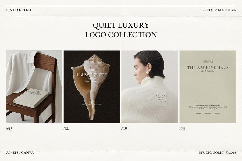 Premade Quiet Luxury Logo Collection: 120 Editable Elegant Logo Templates for Canva and Illustrator image 1