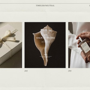May include: A collection of three images with a neutral aesthetic. The first shows a white gift box with a ribbon. The second features a seashell with text. The third displays a perfume bottle. The text includes "STUDIO GOLKI" and "LOGO COLLECTION 2."