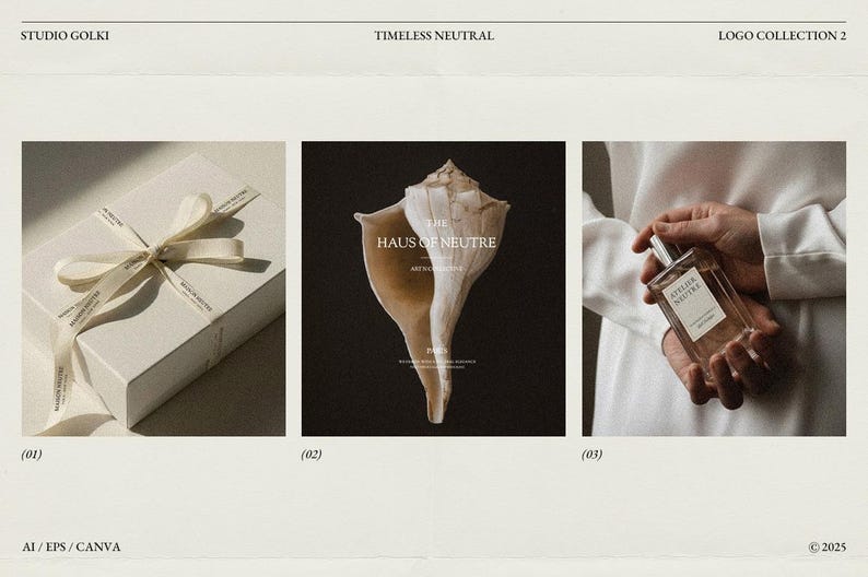 May include: A collection of three images with a neutral aesthetic. The first shows a white gift box with a ribbon. The second features a seashell with text. The third displays a perfume bottle. The text includes "STUDIO GOLKI" and "LOGO COLLECTION 2."