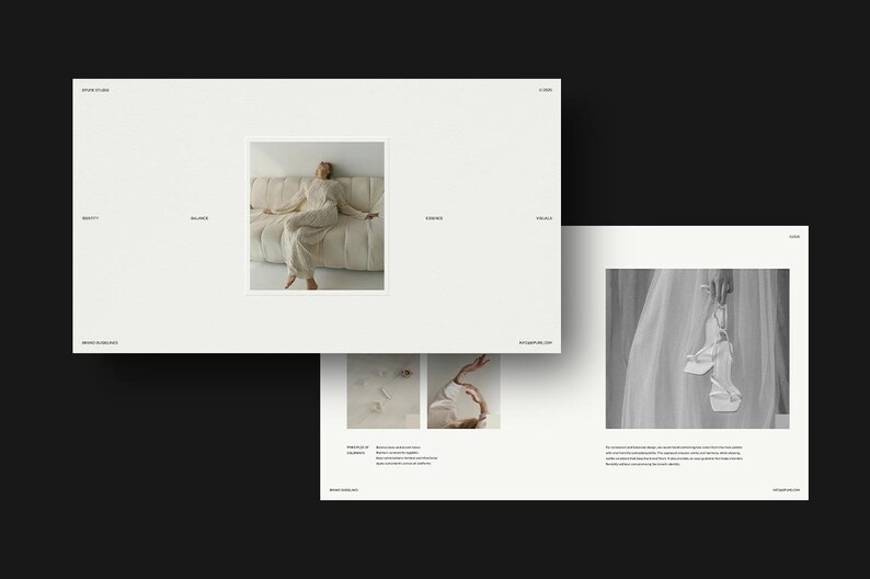 K&ouml;nnte beinhalten: Minimalistisches Website-Design mit einer Frau in einem cremefarbenen Kleid auf einem cremefarbenen Sofa. Das Layout enth&auml;lt Text und zus&auml;tzliche Bilder, alles in einer neutralen Farbpalette, vor einem schwarzen Hintergrund.