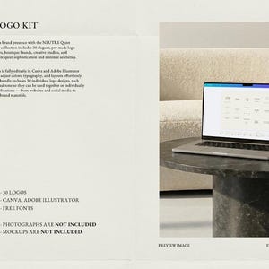 May include: A laptop displaying logo designs sits on a dark, round table. The image is part of the NEUTRE LOGO KIT, which includes 30 logos, Canva, Adobe Illustrator, and free fonts. Photographs and mockups are not included.
