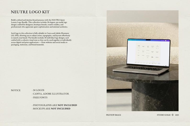 May include: A laptop displaying logo designs sits on a dark, round table. The image is part of the NEUTRE LOGO KIT, which includes 30 logos, Canva, Adobe Illustrator, and free fonts. Photographs and mockups are not included.